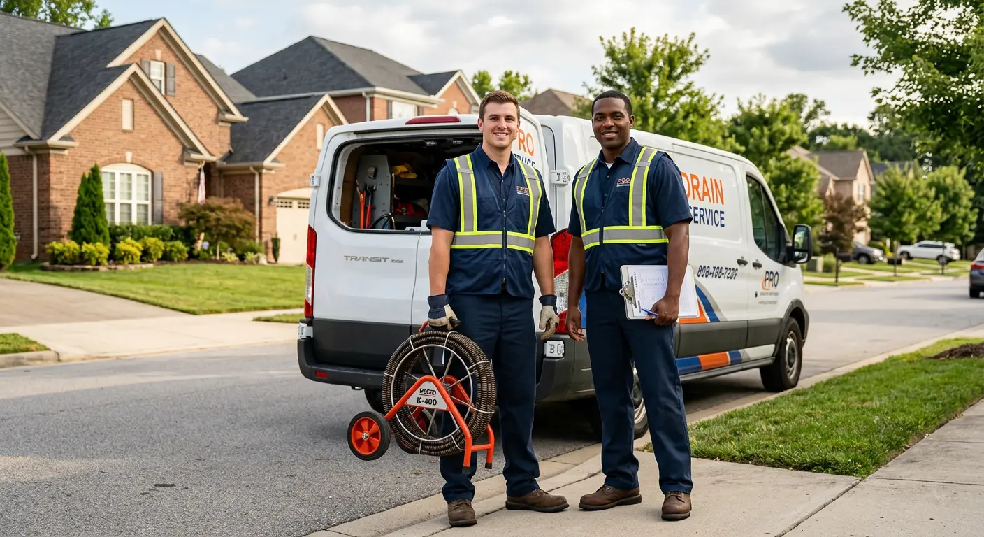 Sewer and drain service team with equipment ready for work in Livingston