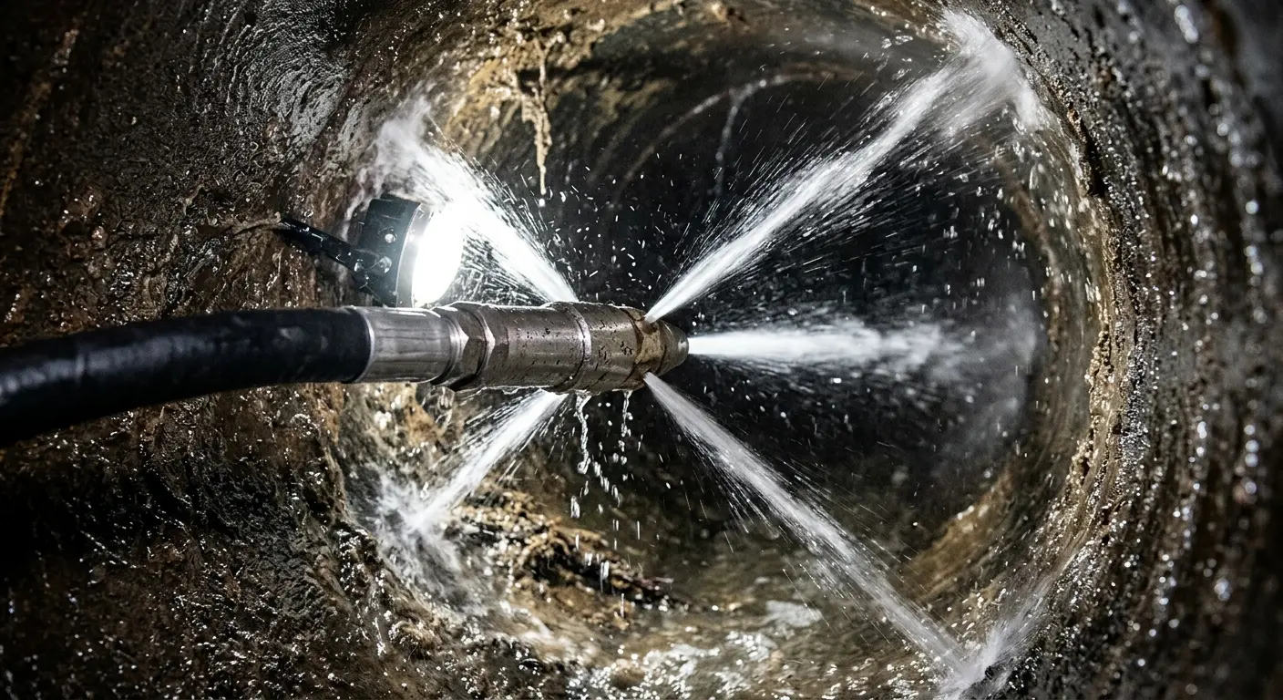 High-pressure hydro jetting nozzle cleaning sewer pipe for Emergency Drain Service in Livingston