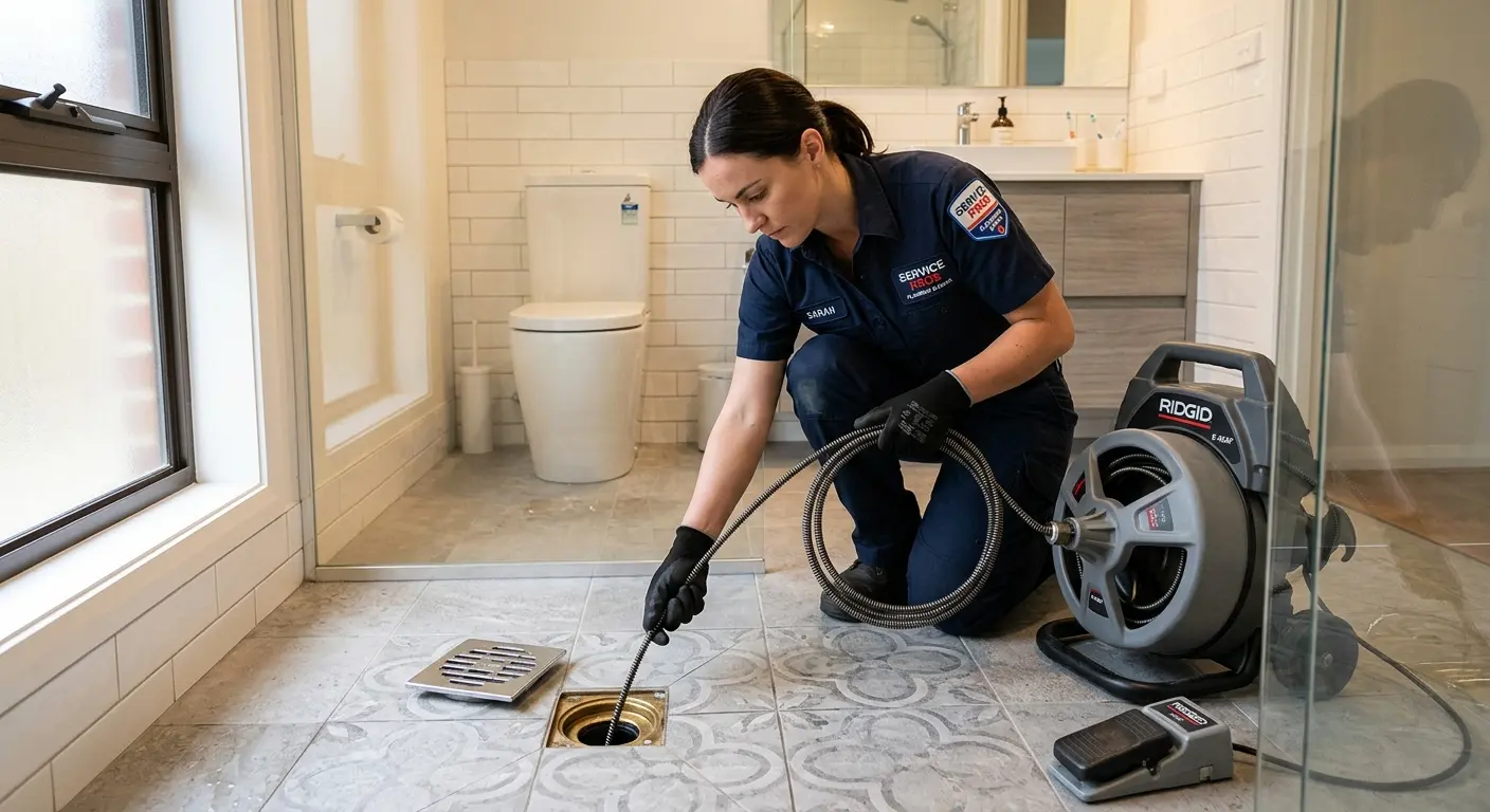 Technician clearing a bathroom floor drain for Sewer Line Installation in Livingston